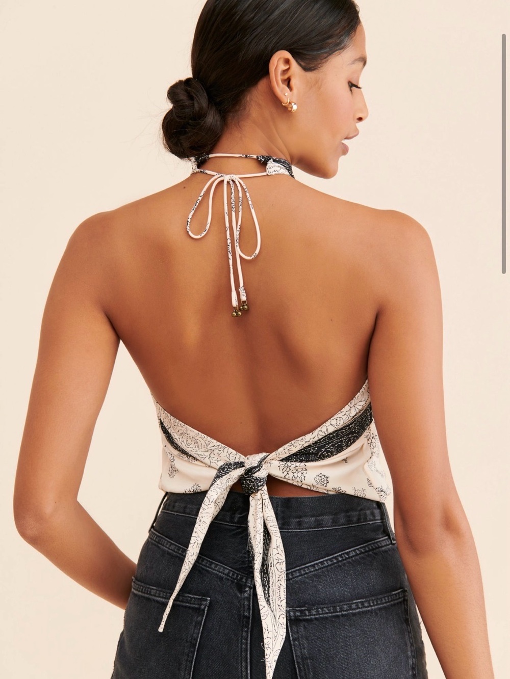 Free People Cream and Black Paisley Bandana Halter Top